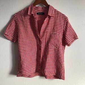Reformation Holiday Red Gingham V-Button Up Linen Shirt Sz M